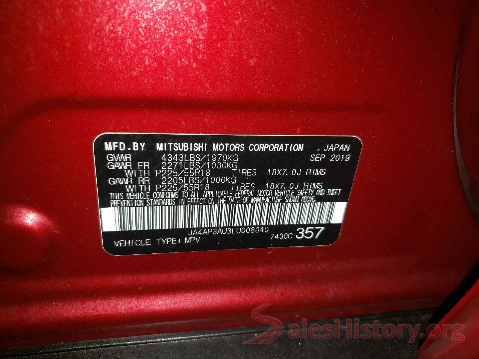 JA4AP3AU3LU008040 2020 MITSUBISHI OUTLANDER