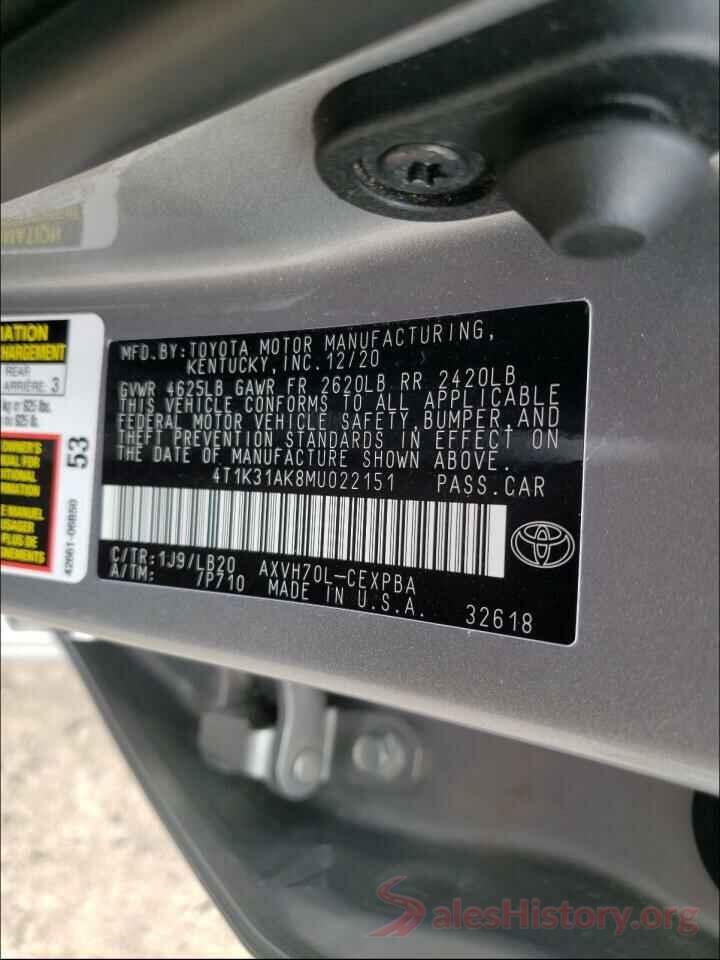 4T1K31AK8MU022151 2021 TOYOTA CAMRY