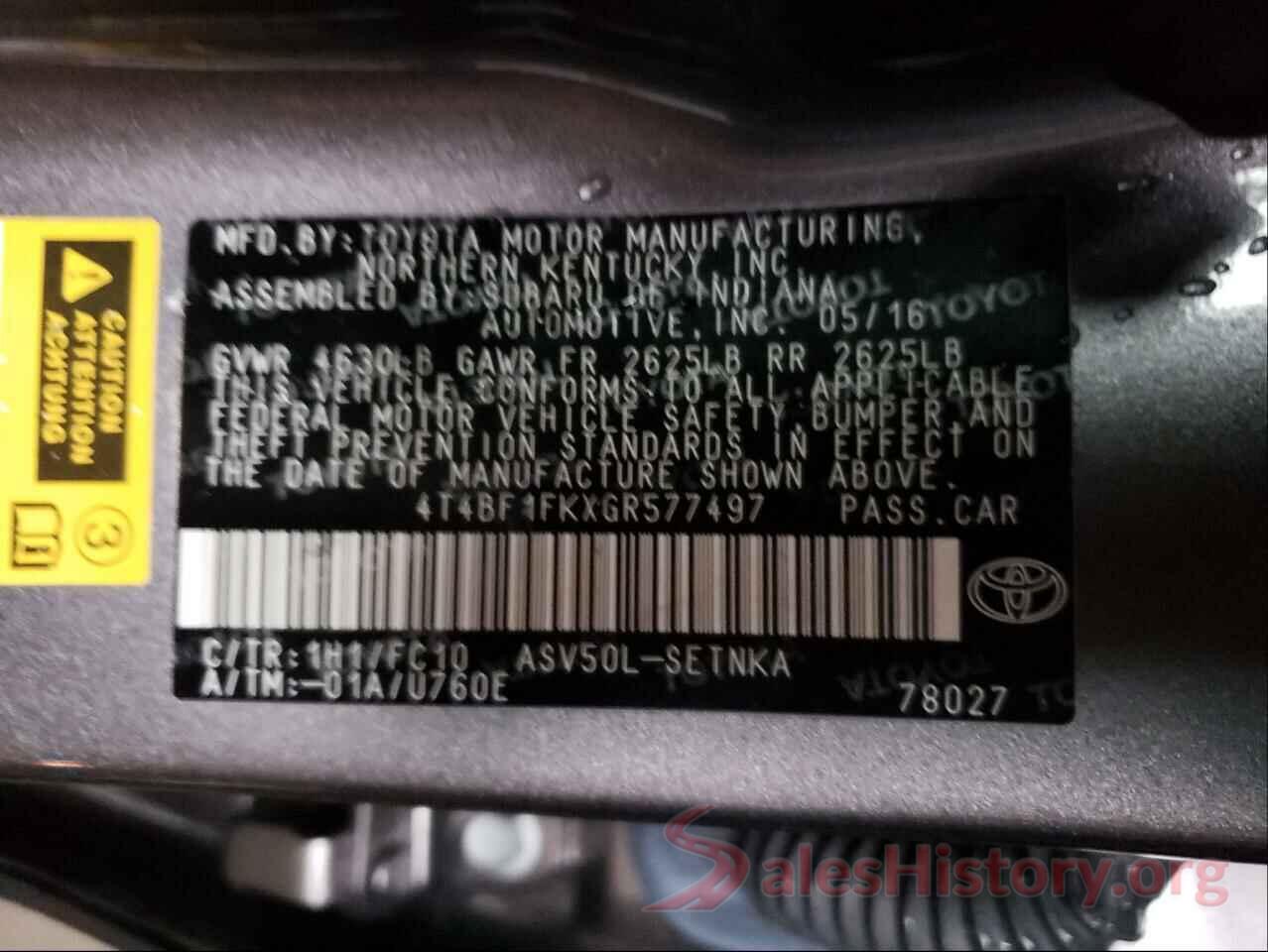 4T4BF1FKXGR577497 2016 TOYOTA CAMRY