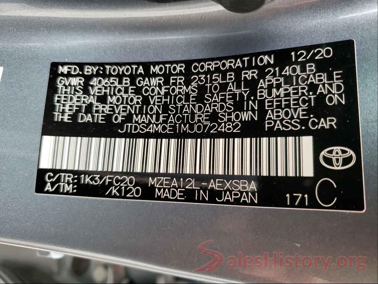 JTDS4MCE1MJ072482 2021 TOYOTA COROLLA