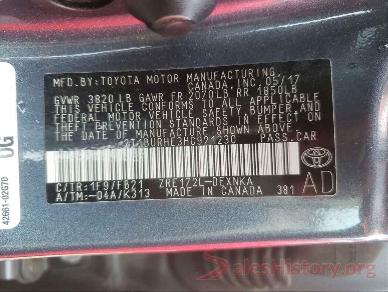 2T1BURHE3HC921230 2017 TOYOTA COROLLA