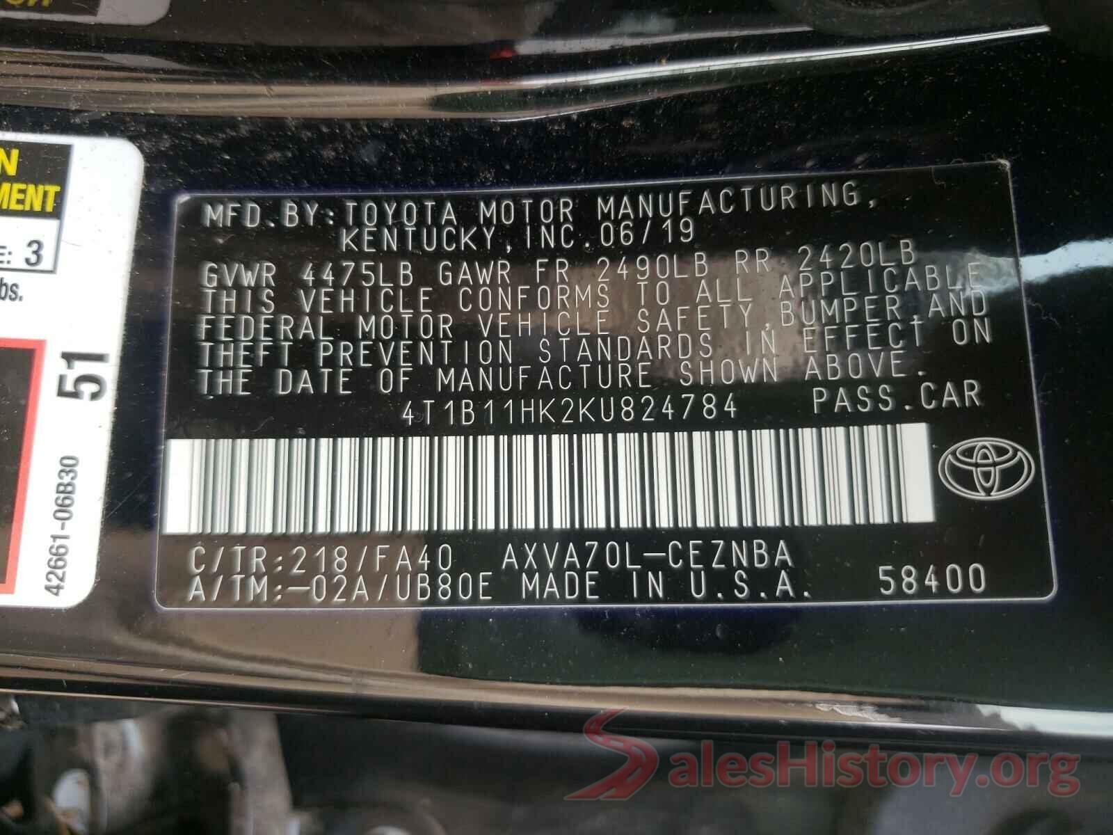 4T1B11HK2KU824784 2019 TOYOTA CAMRY