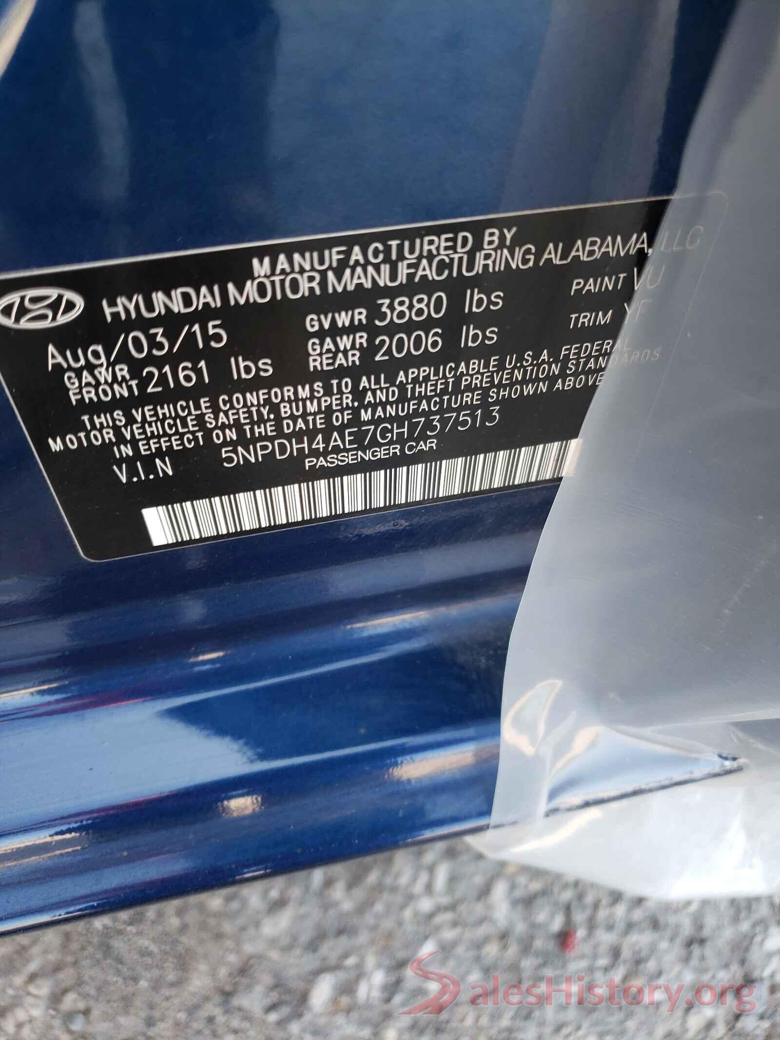 5NPDH4AE7GH737513 2016 HYUNDAI ELANTRA