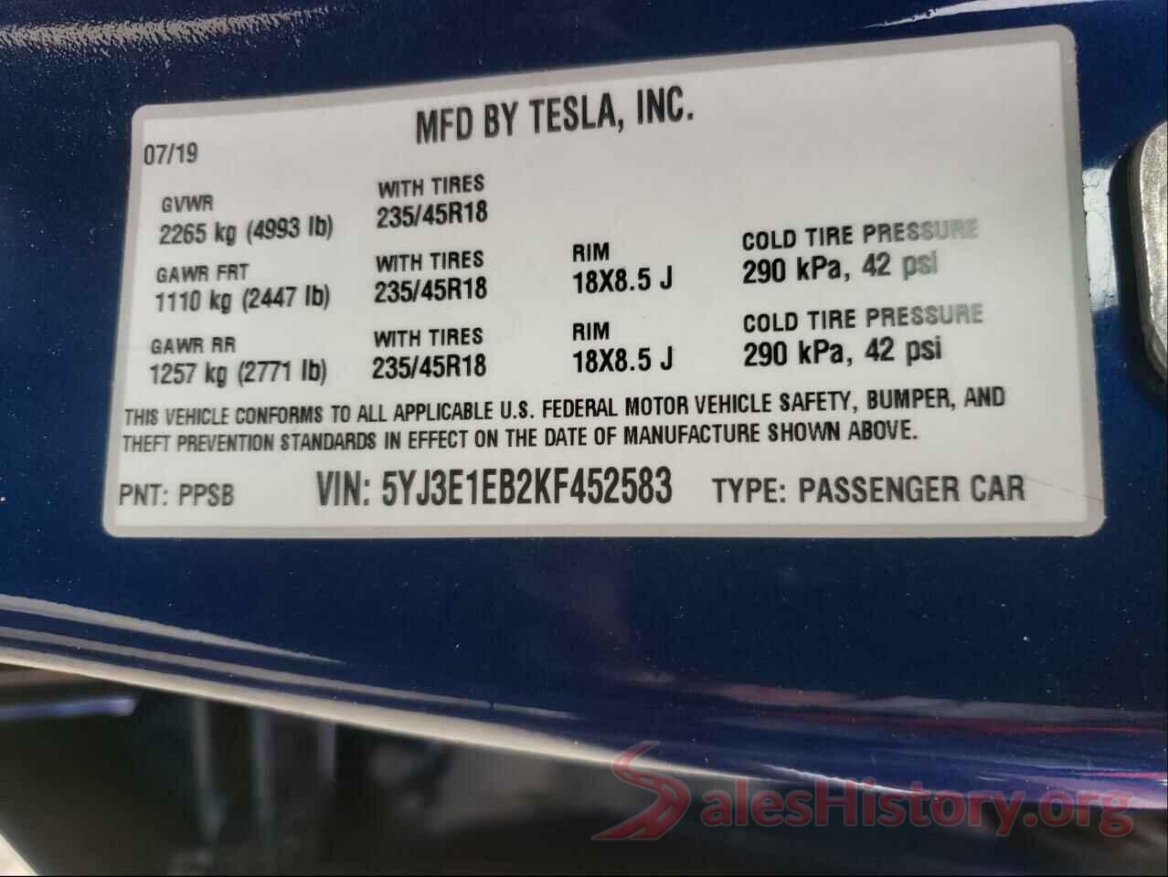 5YJ3E1EB2KF452583 2019 TESLA MODEL 3