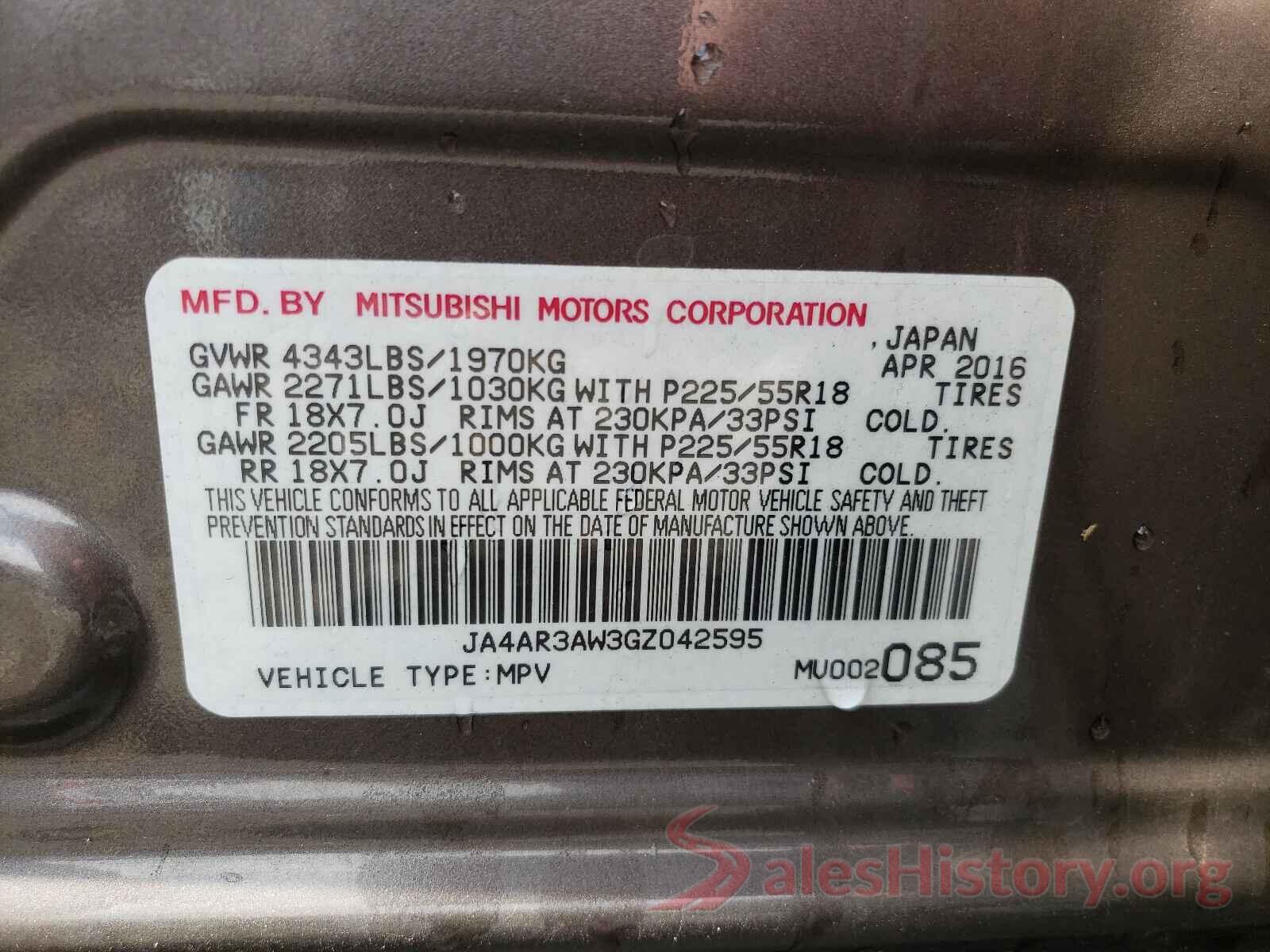 JA4AR3AW3GZ042595 2016 MITSUBISHI OUTLANDER