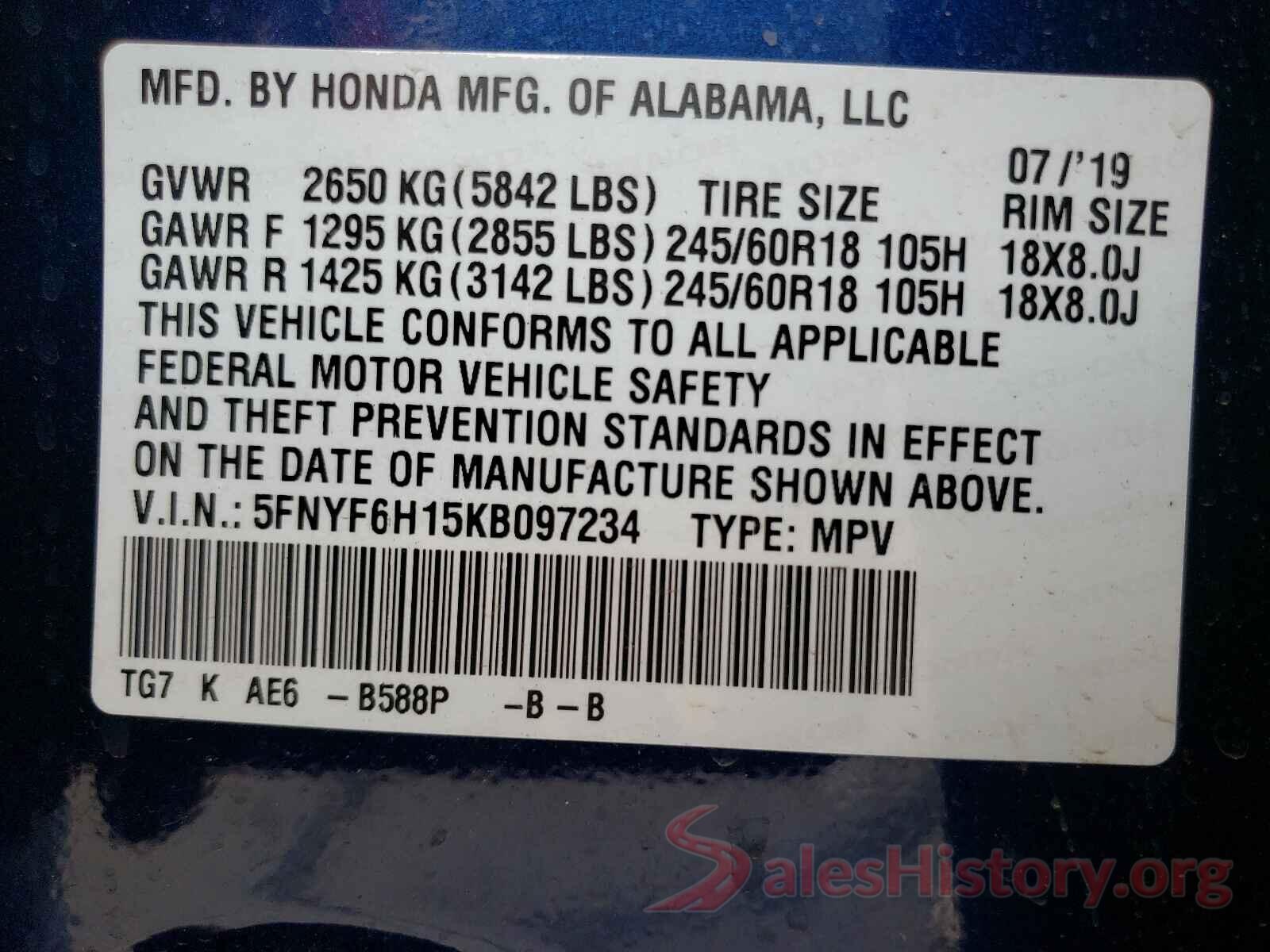 5FNYF6H15KB097234 2019 HONDA PILOT