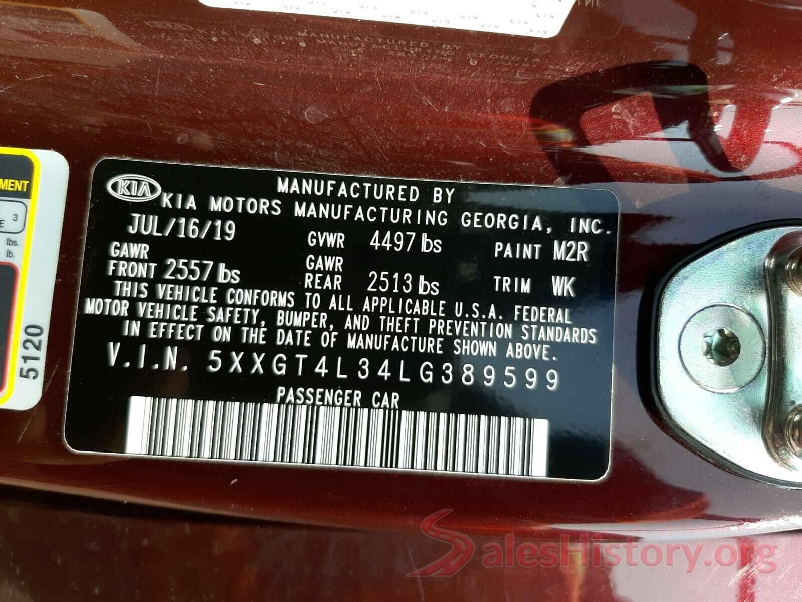 5XXGT4L34LG389599 2020 KIA OPTIMA