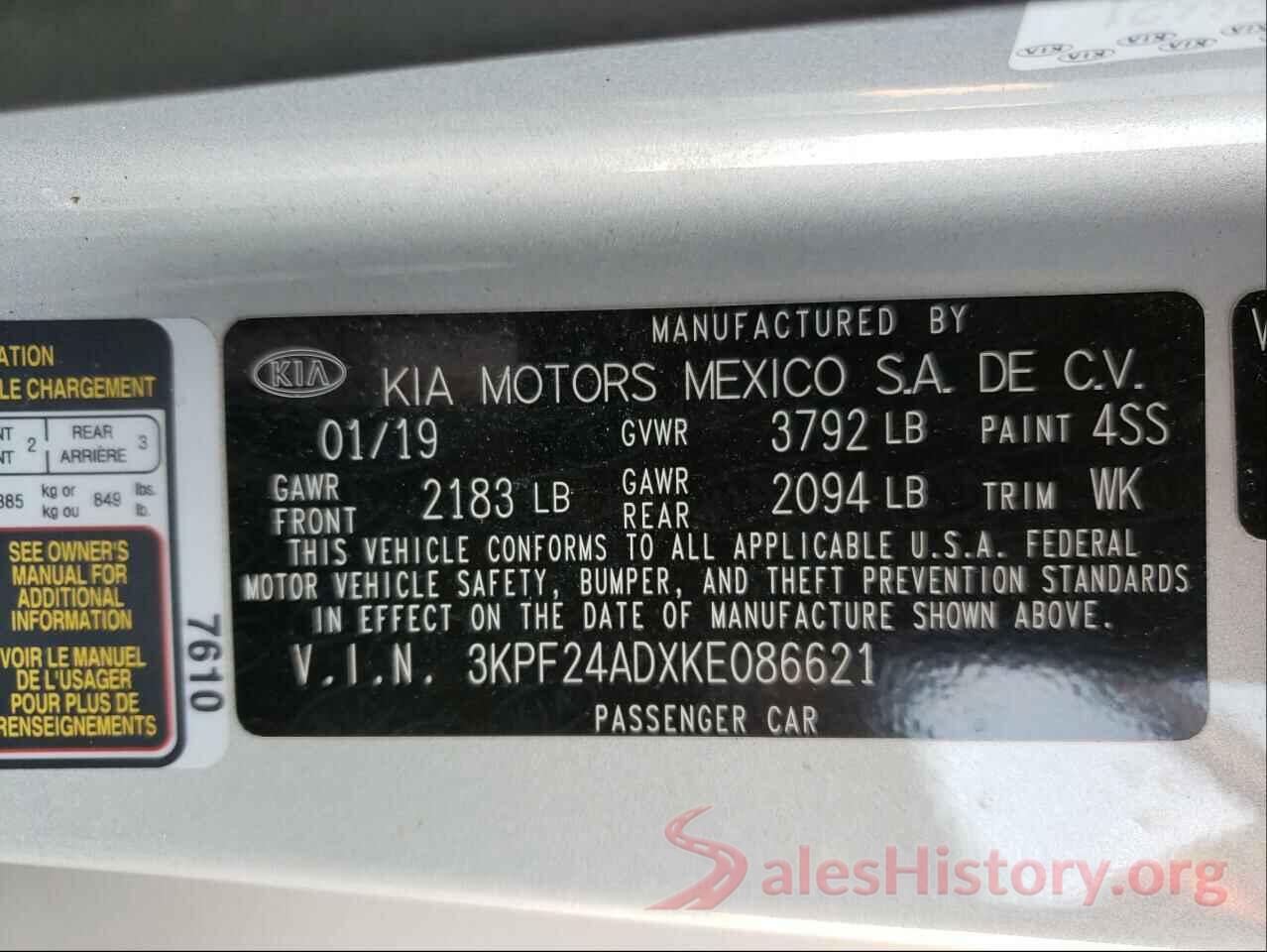 3KPF24ADXKE086621 2019 KIA FORTE