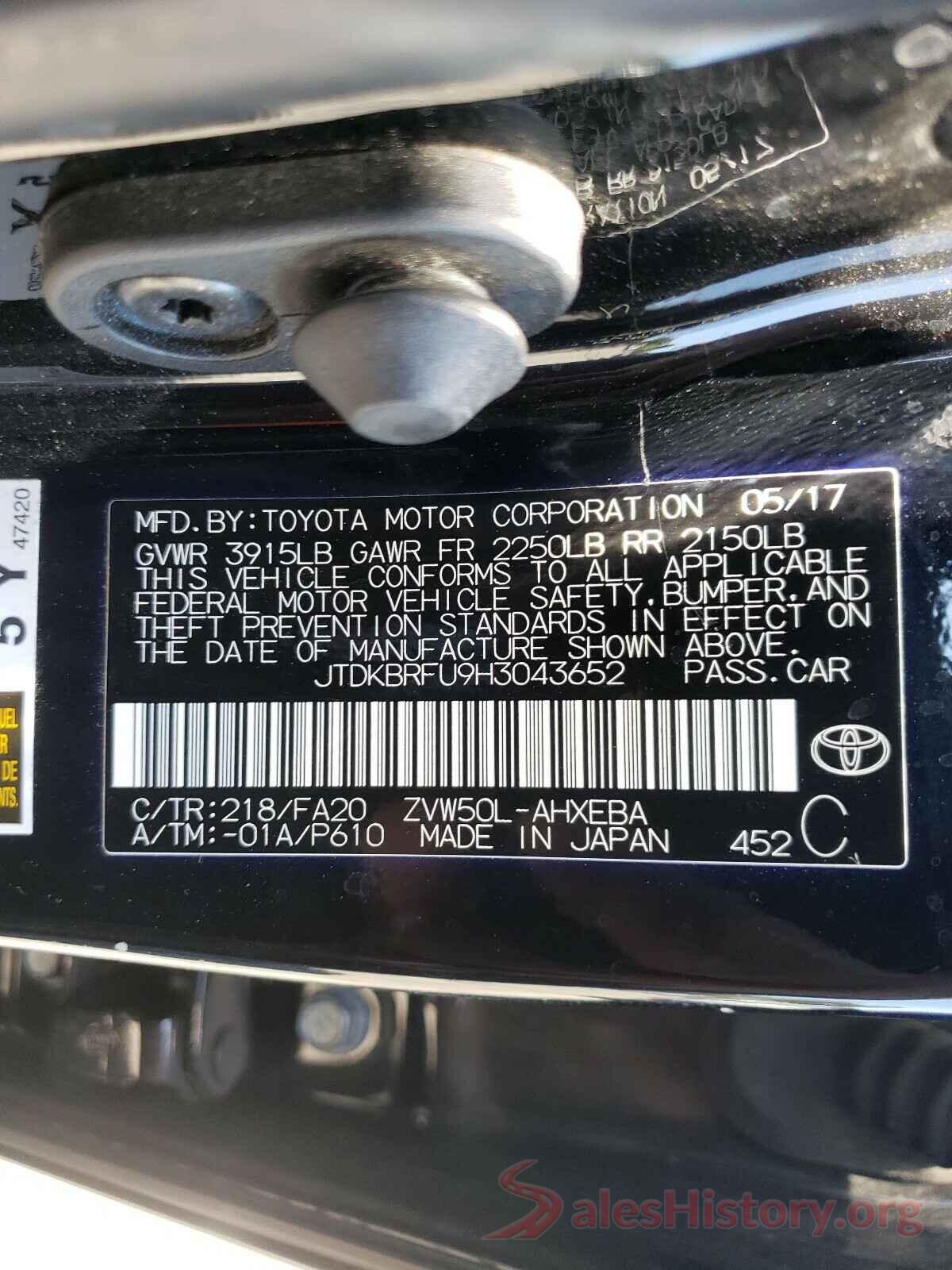 JTDKBRFU9H3043652 2017 TOYOTA PRIUS