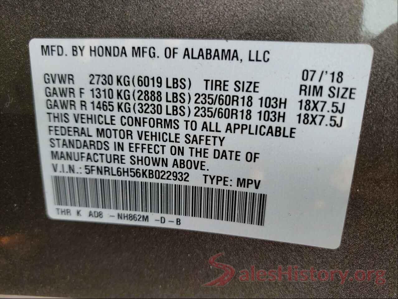 5FNRL6H56KB022932 2019 HONDA ODYSSEY