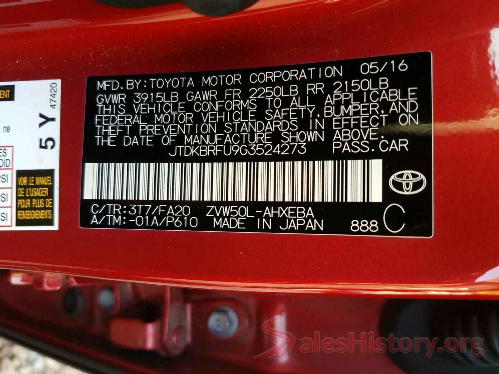 JTDKBRFU9G3524273 2016 TOYOTA PRIUS