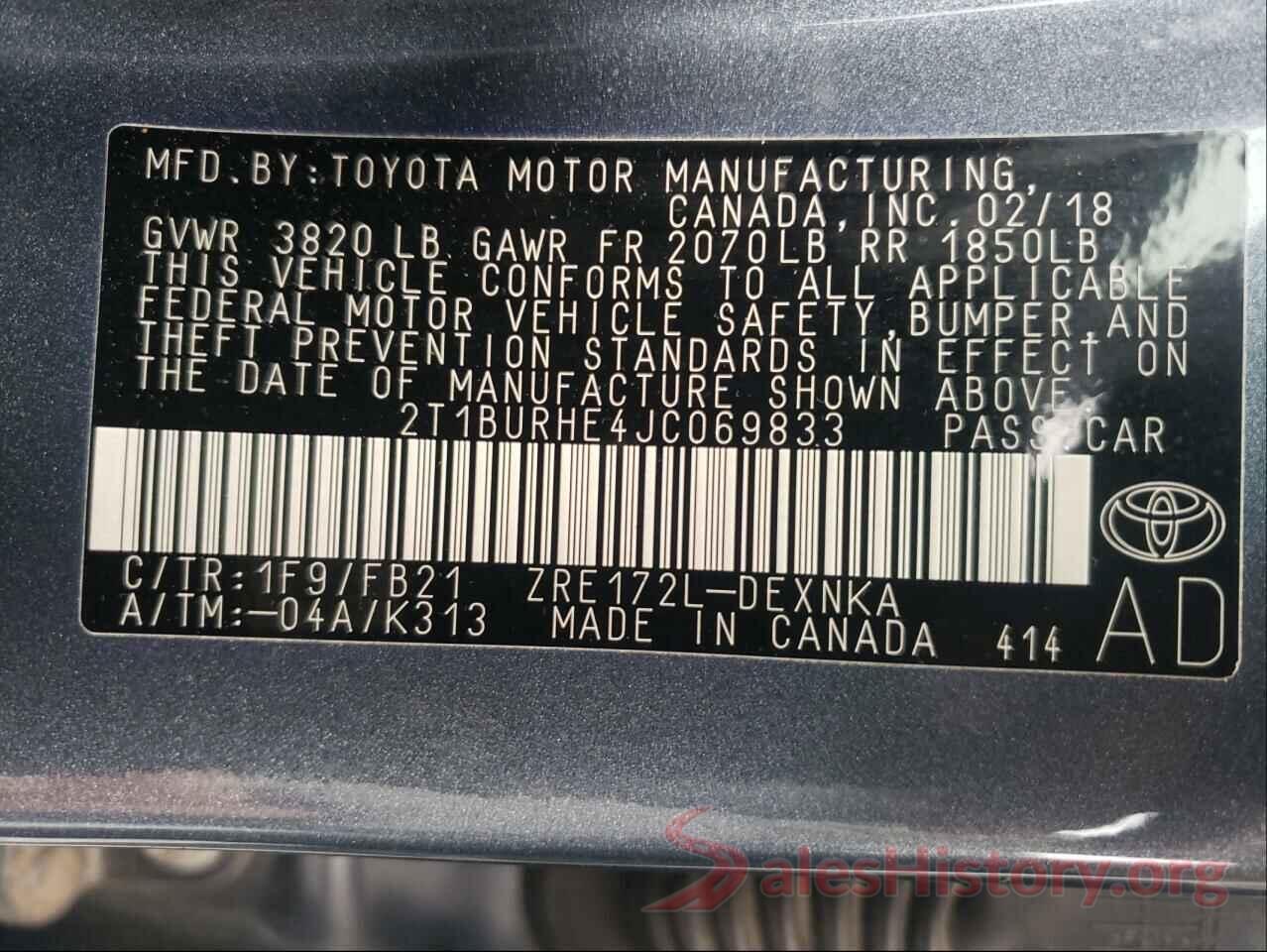 2T1BURHE4JC069833 2018 TOYOTA COROLLA