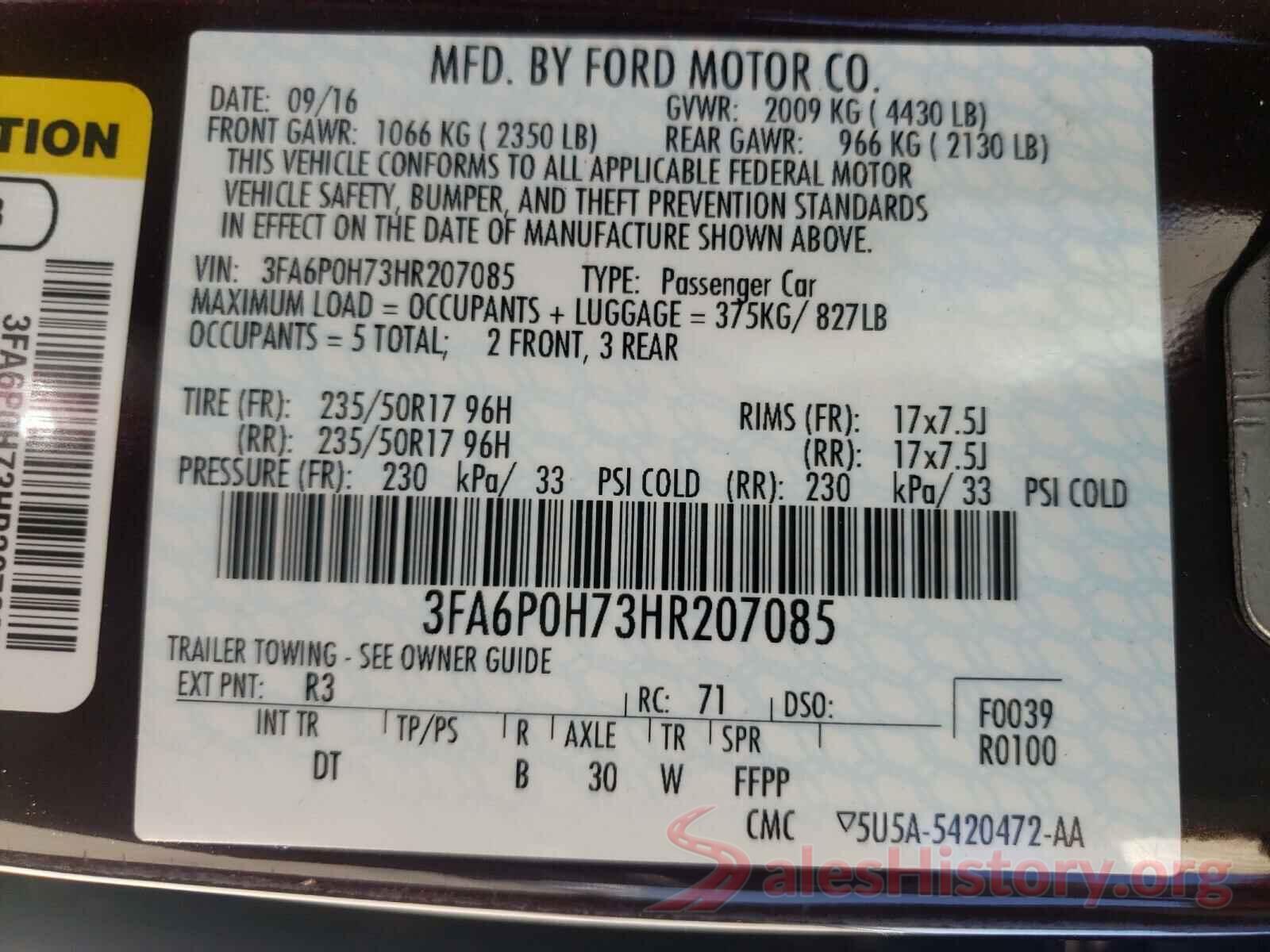 3FA6P0H73HR207085 2017 FORD FUSION