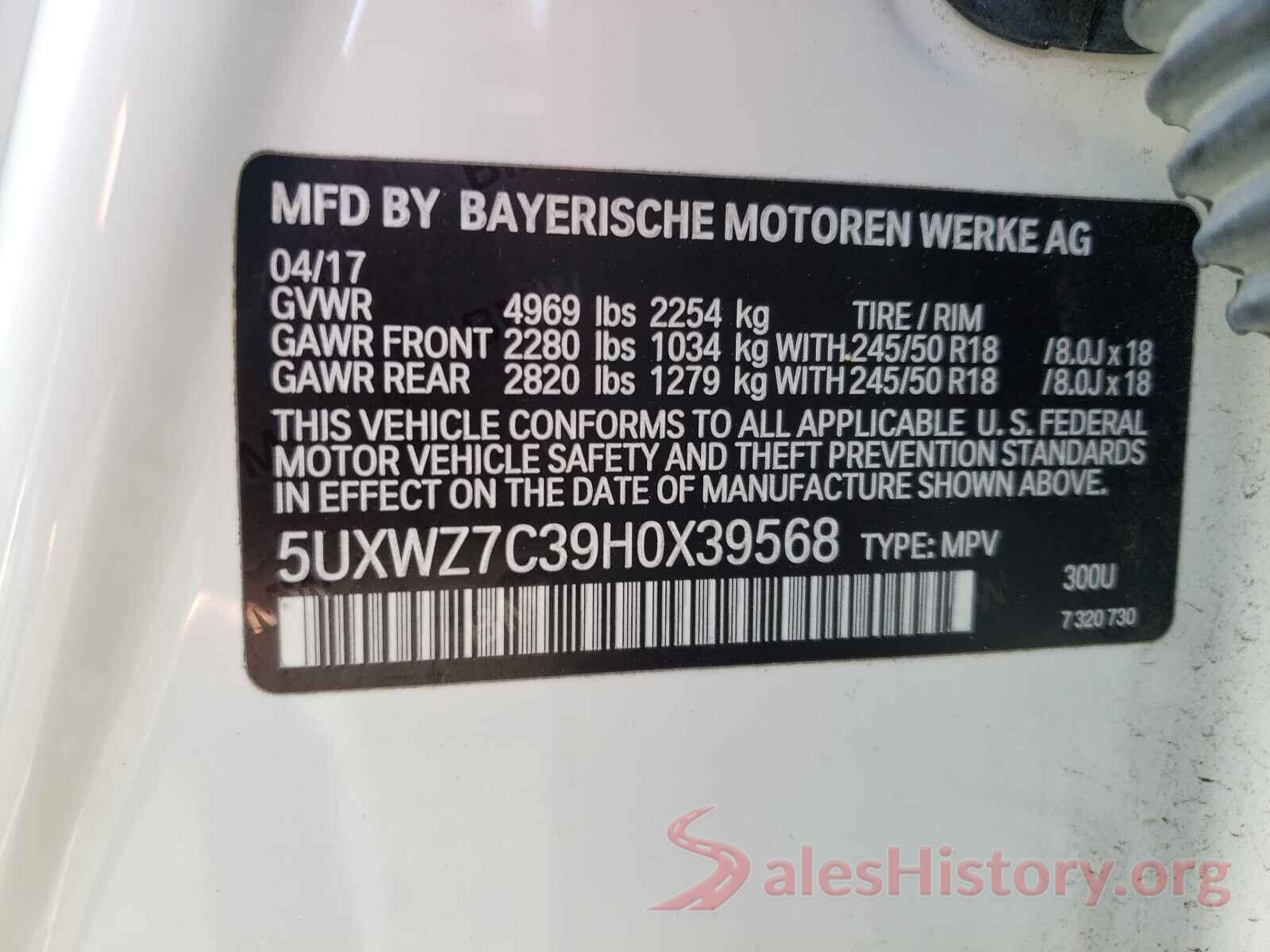 5UXWZ7C39H0X39568 2017 BMW X3