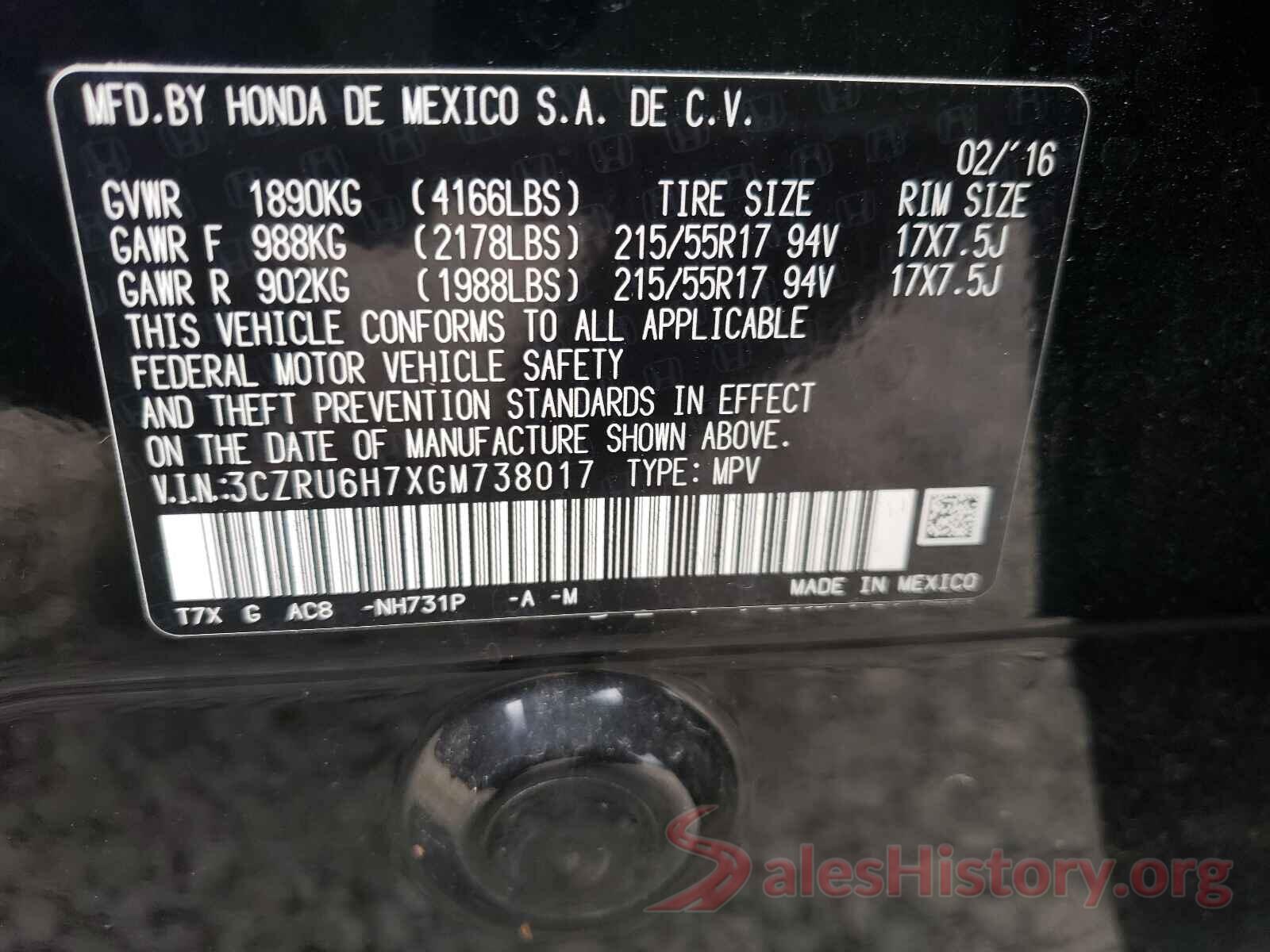 3CZRU6H7XGM738017 2016 HONDA HR-V