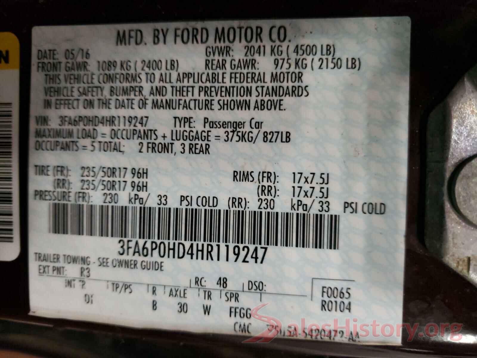 3FA6P0HD4HR119247 2017 FORD FUSION