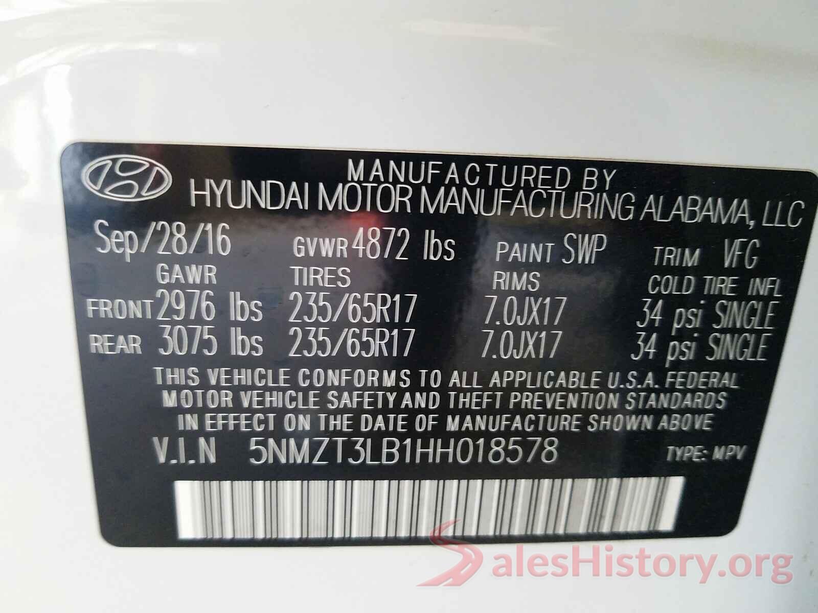 5NMZT3LB1HH018578 2017 HYUNDAI SANTA FE