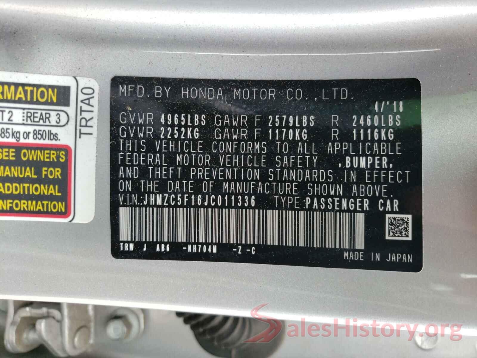 JHMZC5F16JC011336 2018 HONDA CLARITY