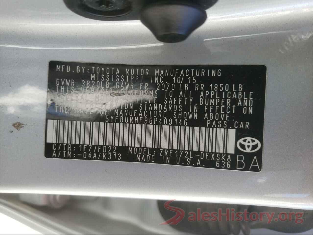 5YFBURHE9GP409146 2016 TOYOTA COROLLA