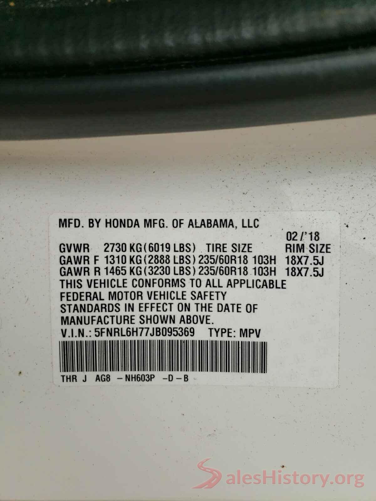 5FNRL6H77JB095369 2018 HONDA ODYSSEY