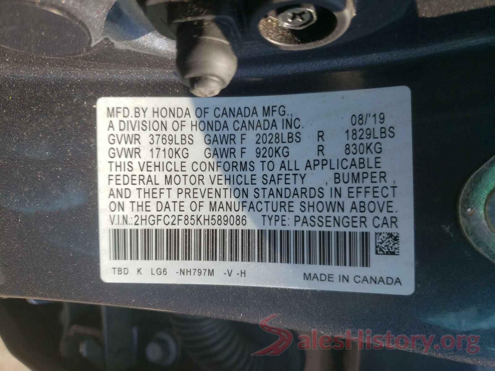 2HGFC2F85KH589086 2019 HONDA CIVIC