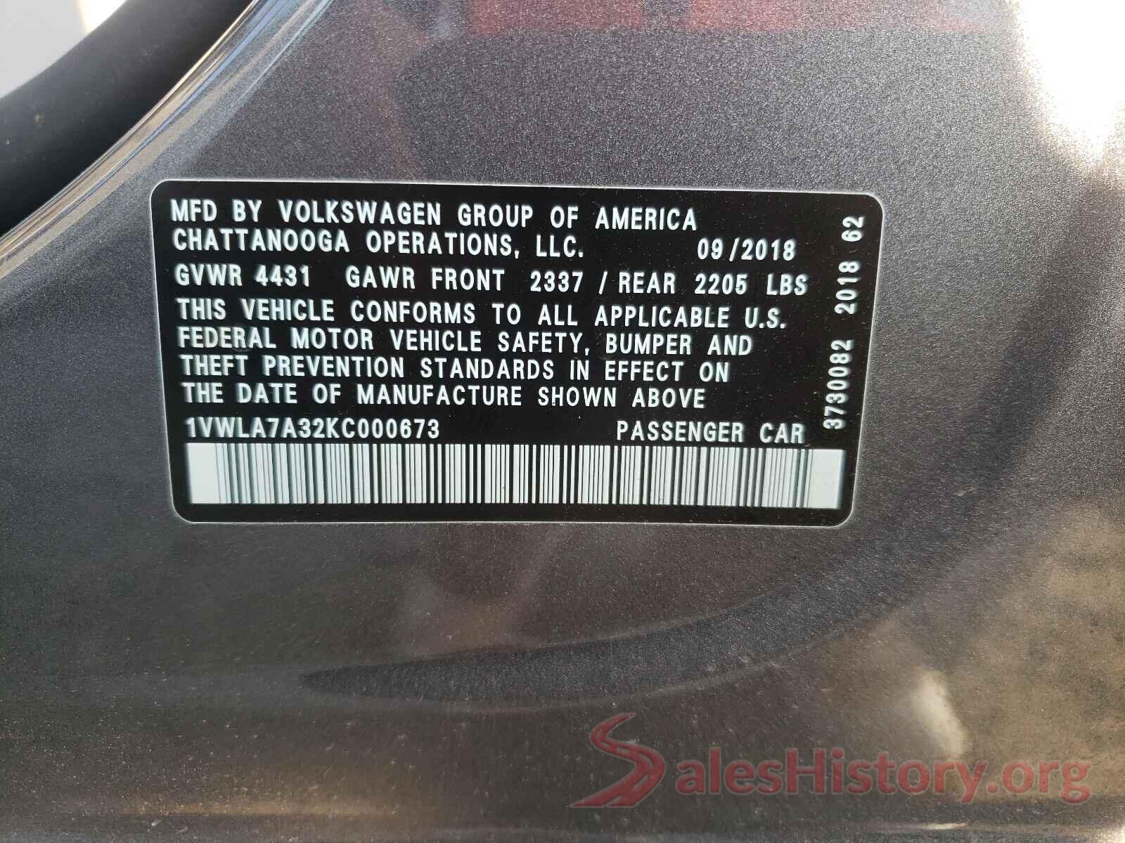 1VWLA7A32KC000673 2019 VOLKSWAGEN PASSAT