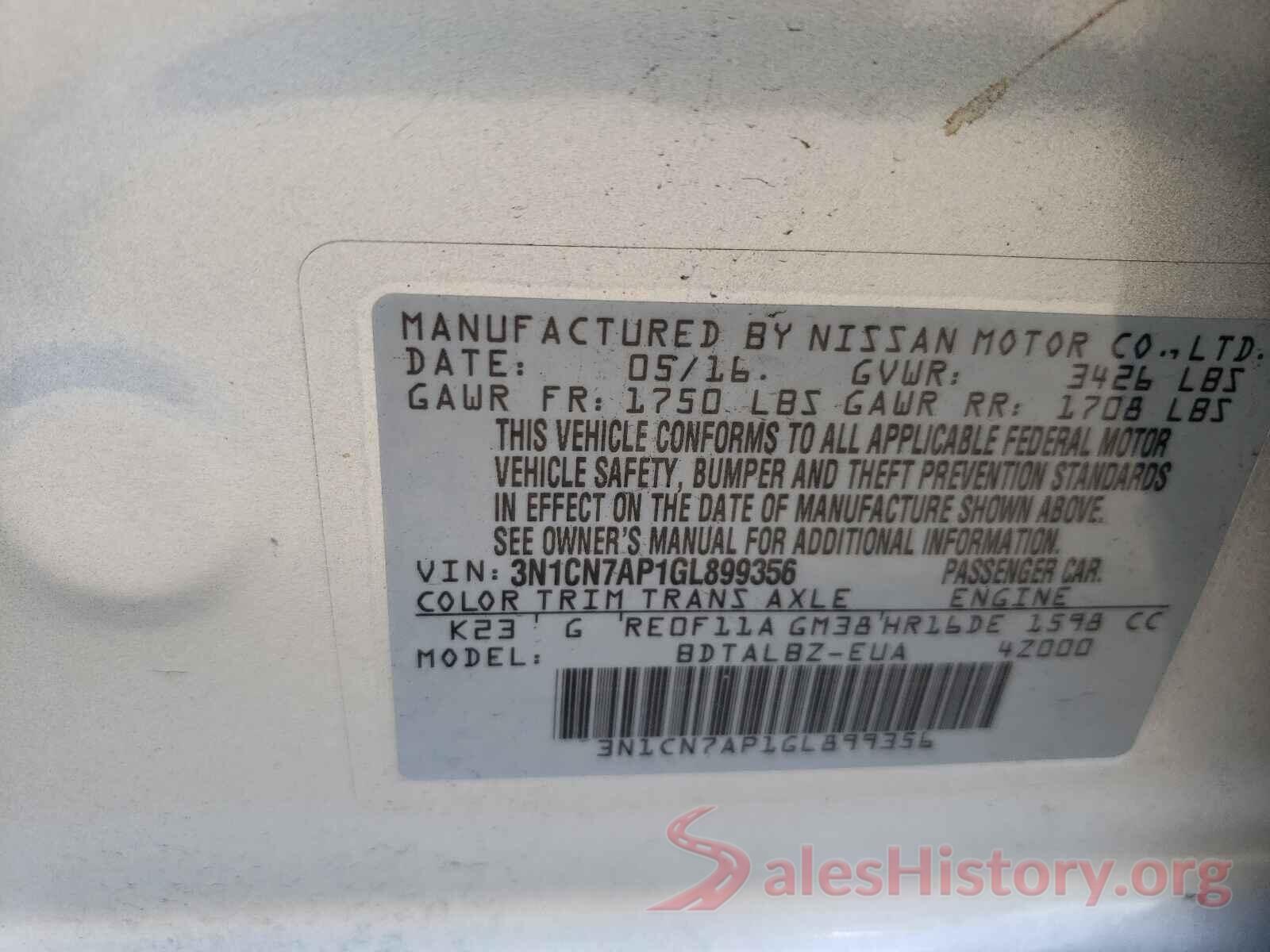 3N1CN7AP1GL899356 2016 NISSAN VERSA