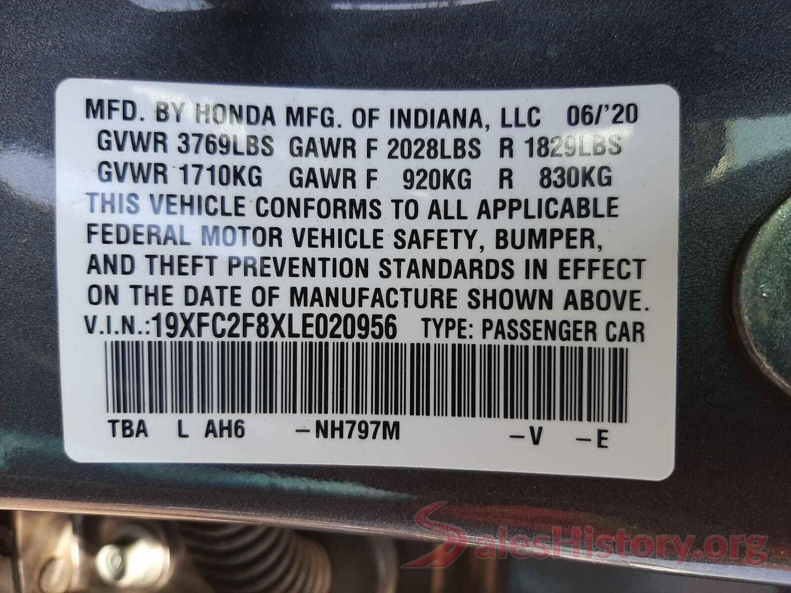 19XFC2F8XLE020956 2020 HONDA CIVIC