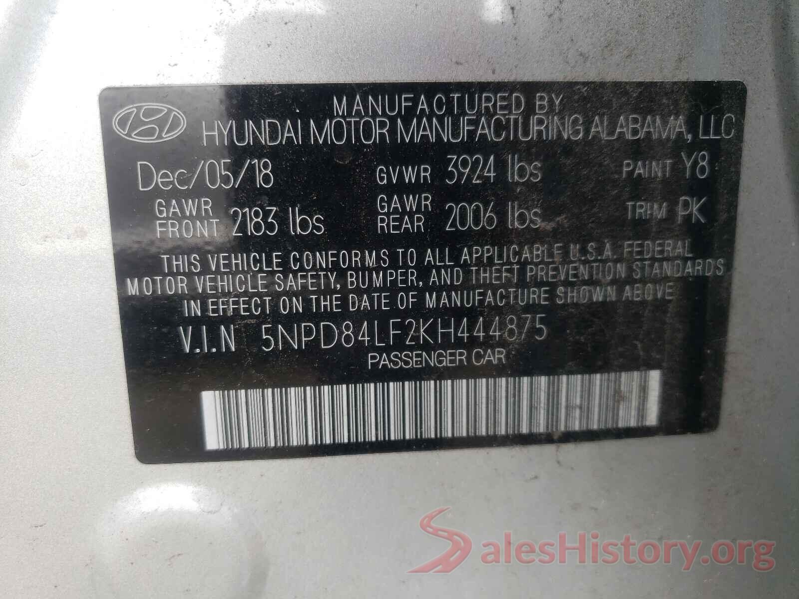 5NPD84LF2KH444875 2019 HYUNDAI ELANTRA