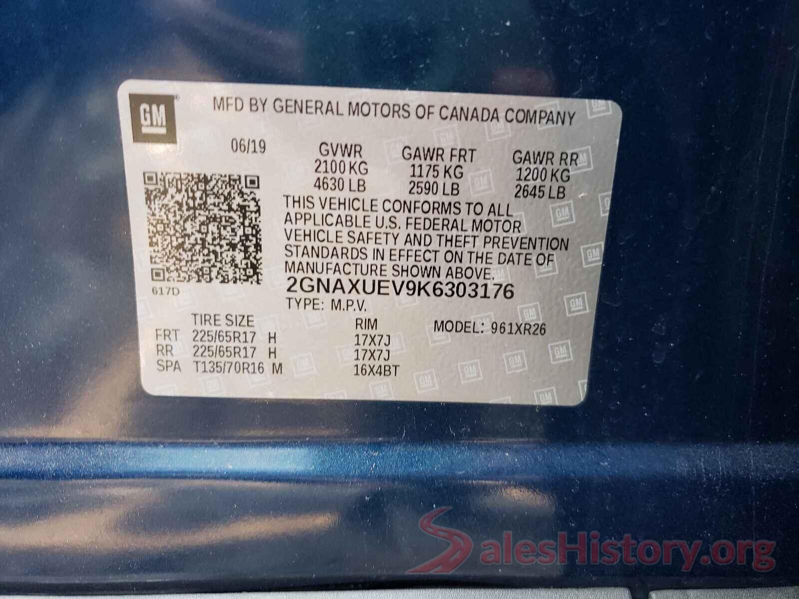 2GNAXUEV9K6303176 2019 CHEVROLET EQUINOX