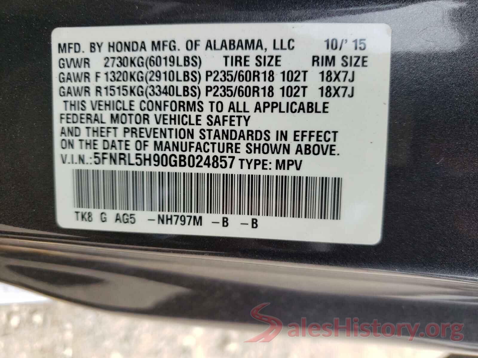 5FNRL5H90GB024857 2016 HONDA ODYSSEY