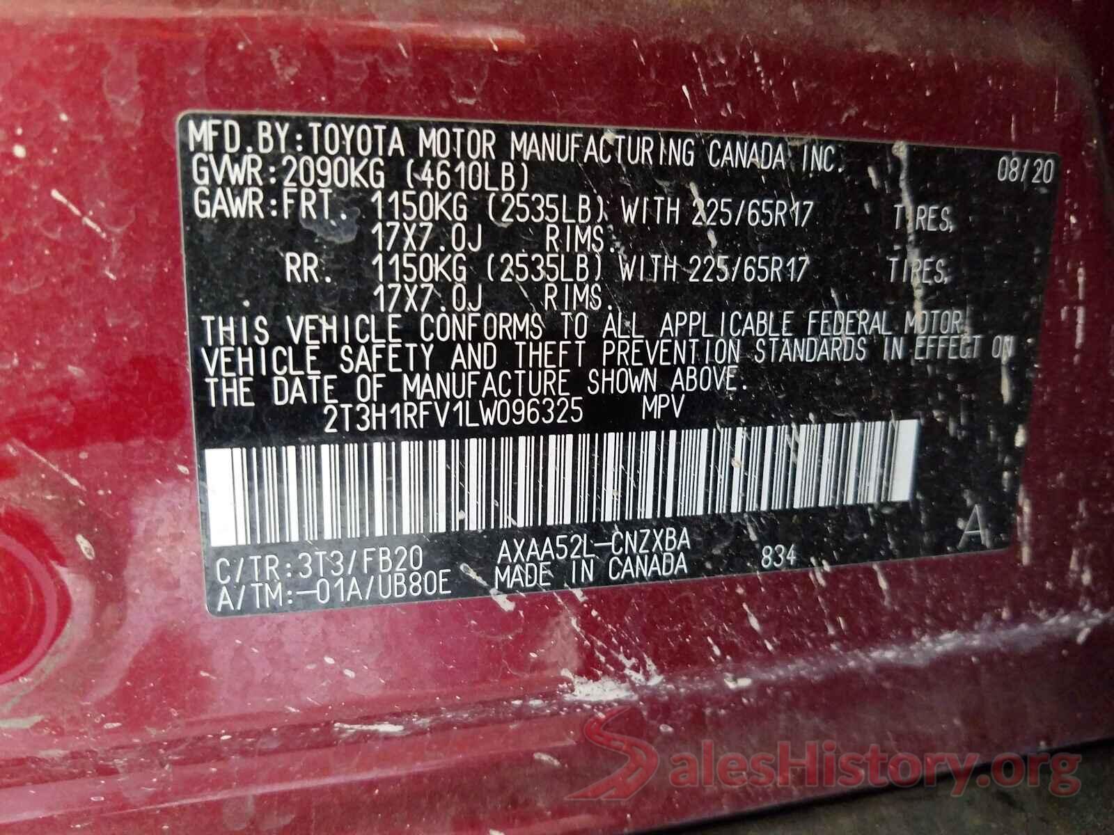 2T3H1RFV1LW096325 2020 TOYOTA RAV4