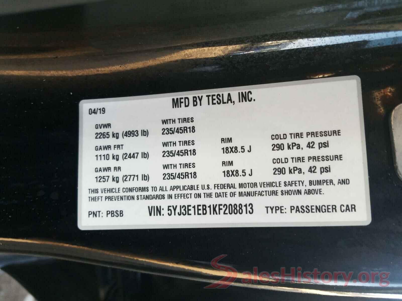 5YJ3E1EB1KF208813 2019 TESLA MODEL 3