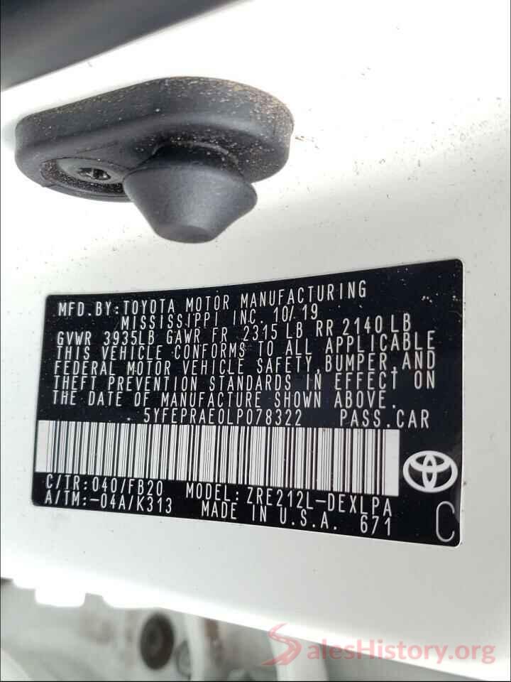 5YFEPRAE0LP078322 2020 TOYOTA COROLLA