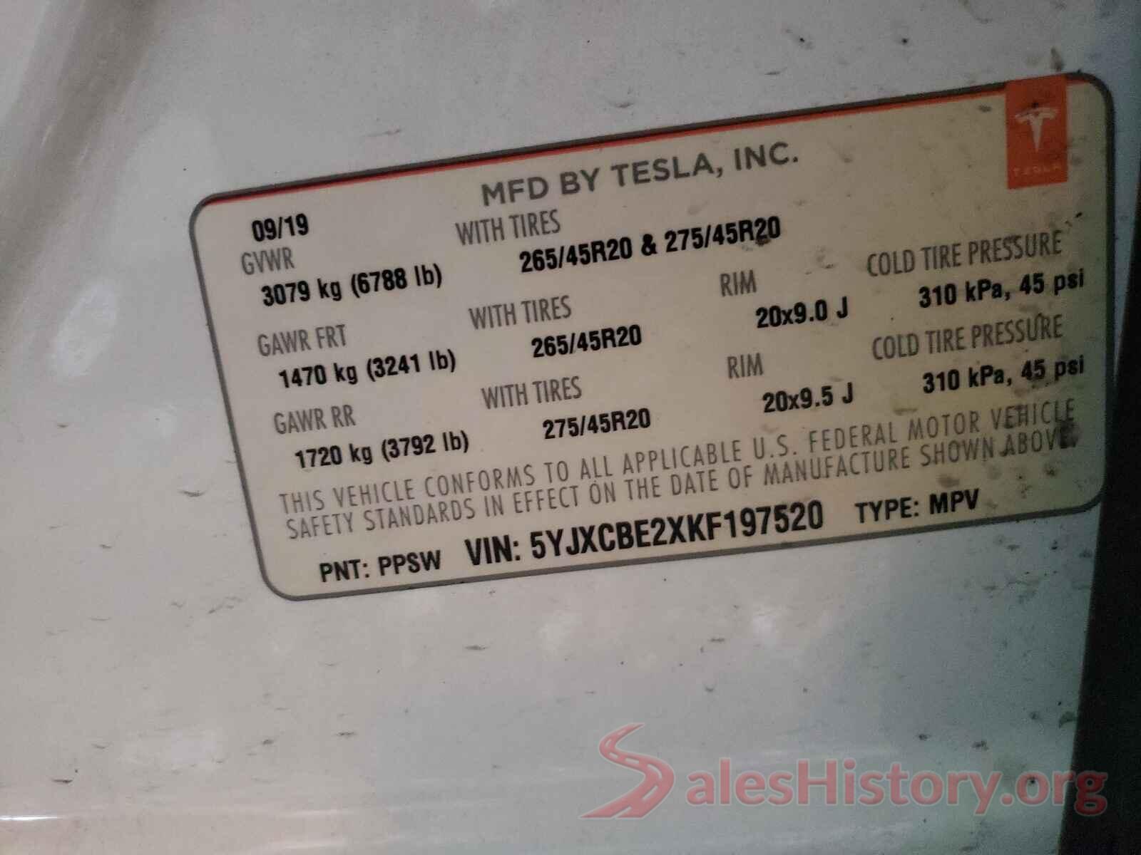 5YJXCBE2XKF197520 2019 TESLA MODEL X