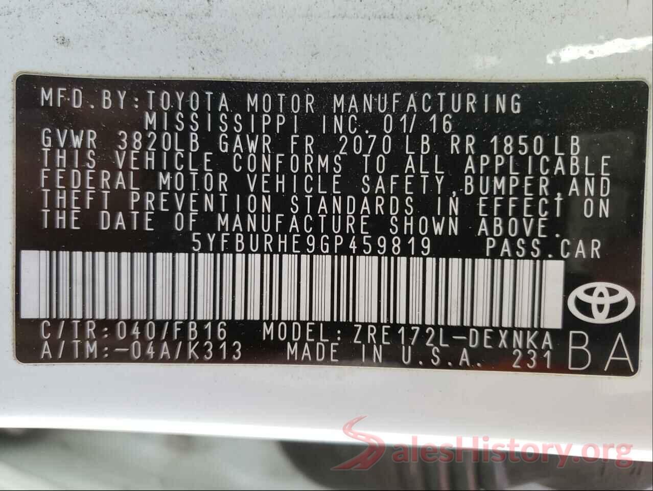 5YFBURHE9GP459819 2016 TOYOTA COROLLA