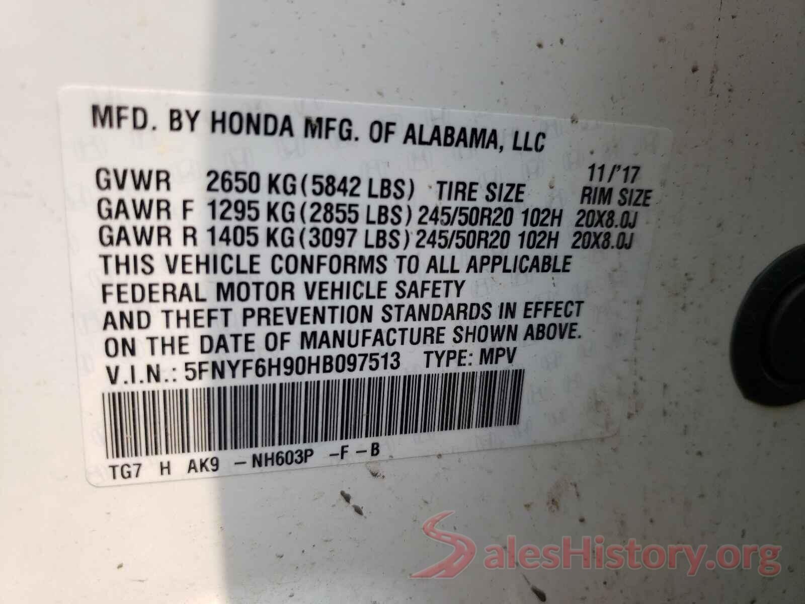 5FNYF6H90HB097513 2017 HONDA PILOT