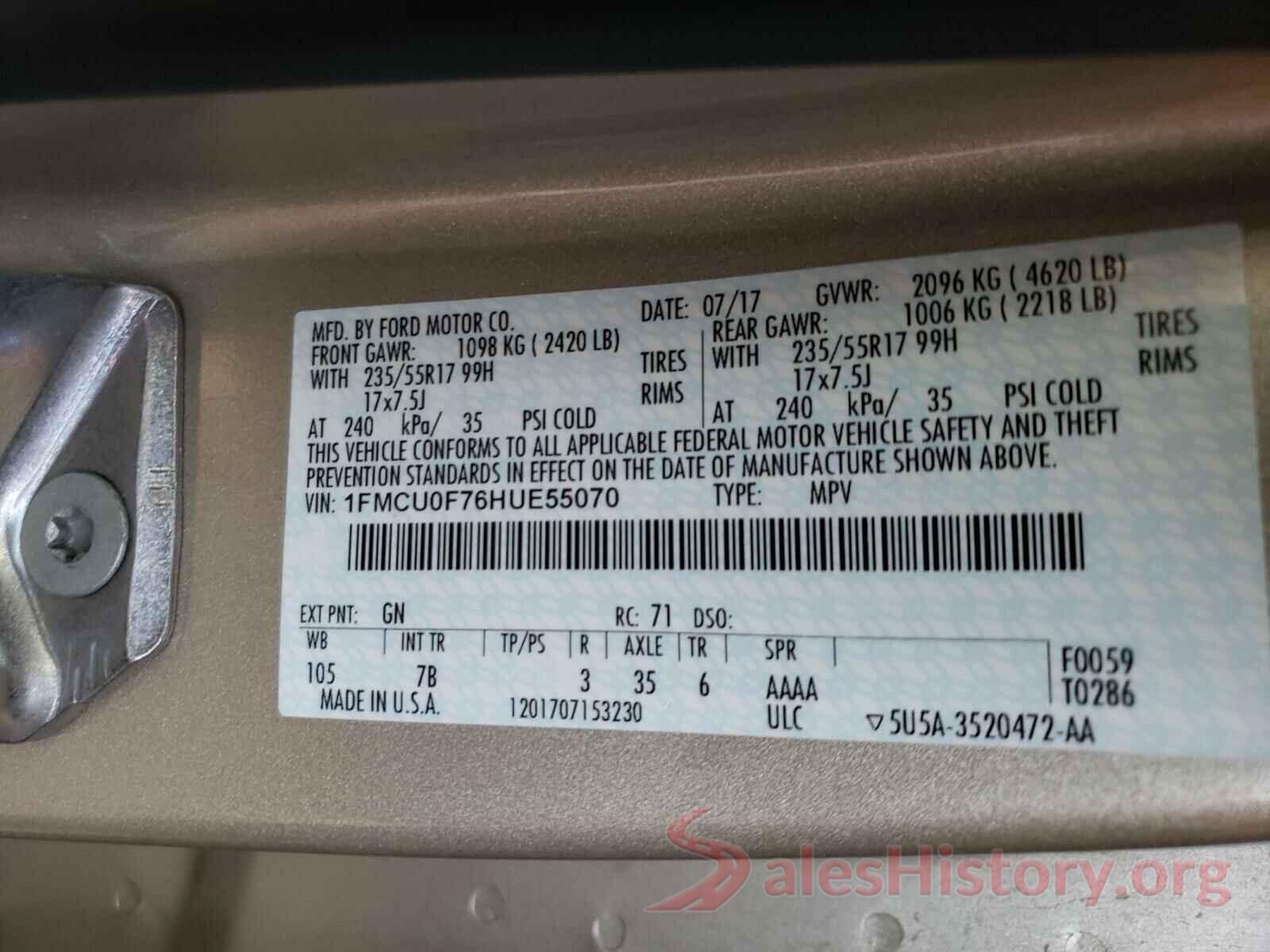 1FMCU0F76HUE55070 2017 FORD ESCAPE