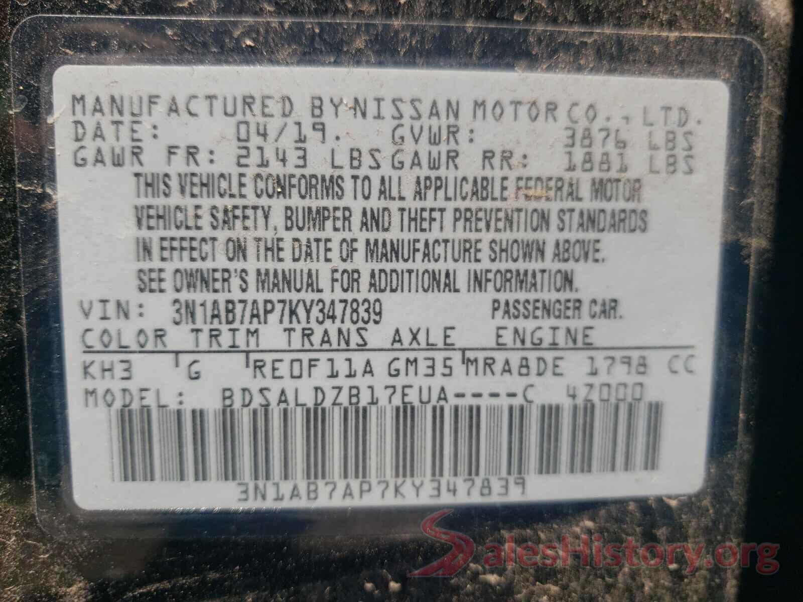 3N1AB7AP7KY347839 2019 NISSAN SENTRA