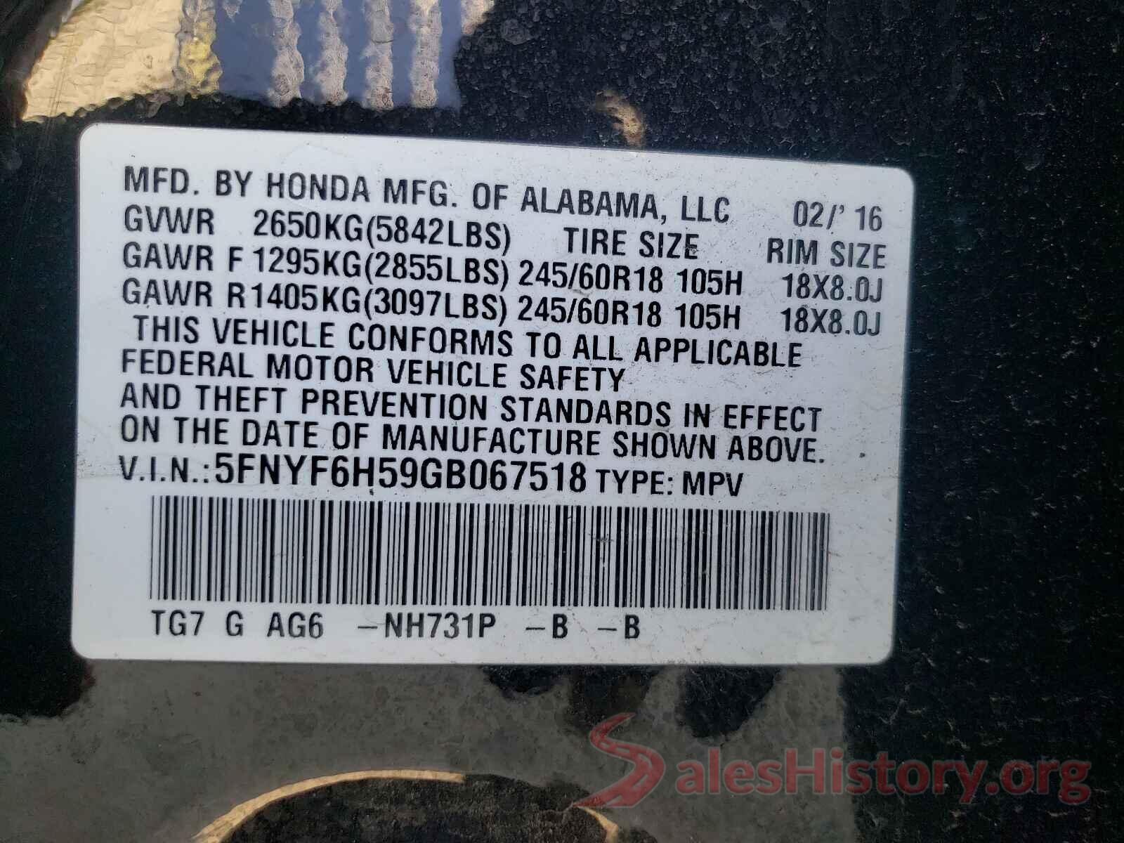 5FNYF6H59GB067518 2016 HONDA PILOT