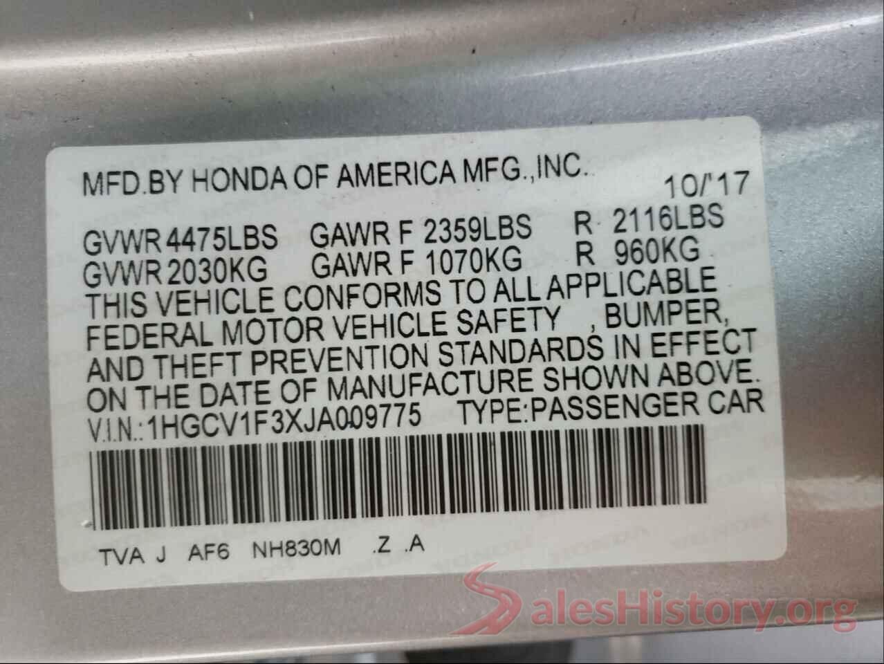 1HGCV1F3XJA009775 2018 HONDA ACCORD