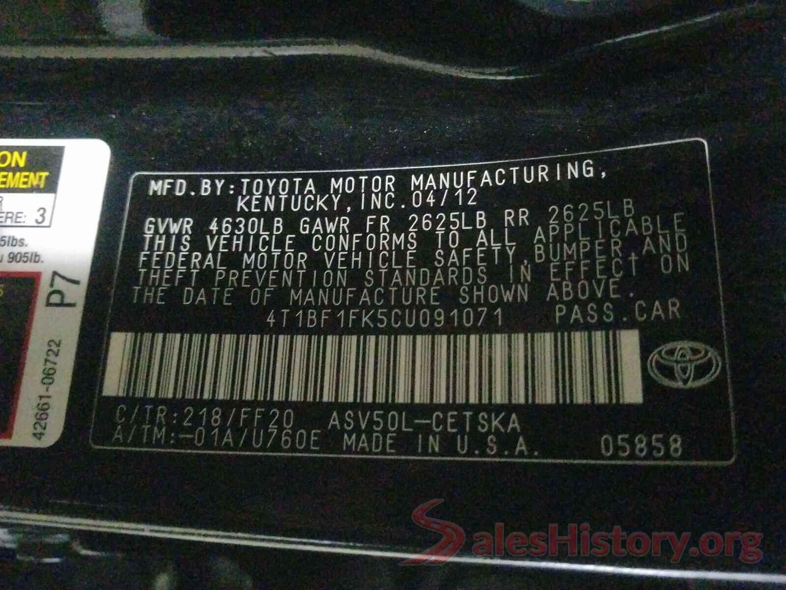 4T1BF1FK5CU091071 2012 TOYOTA CAMRY