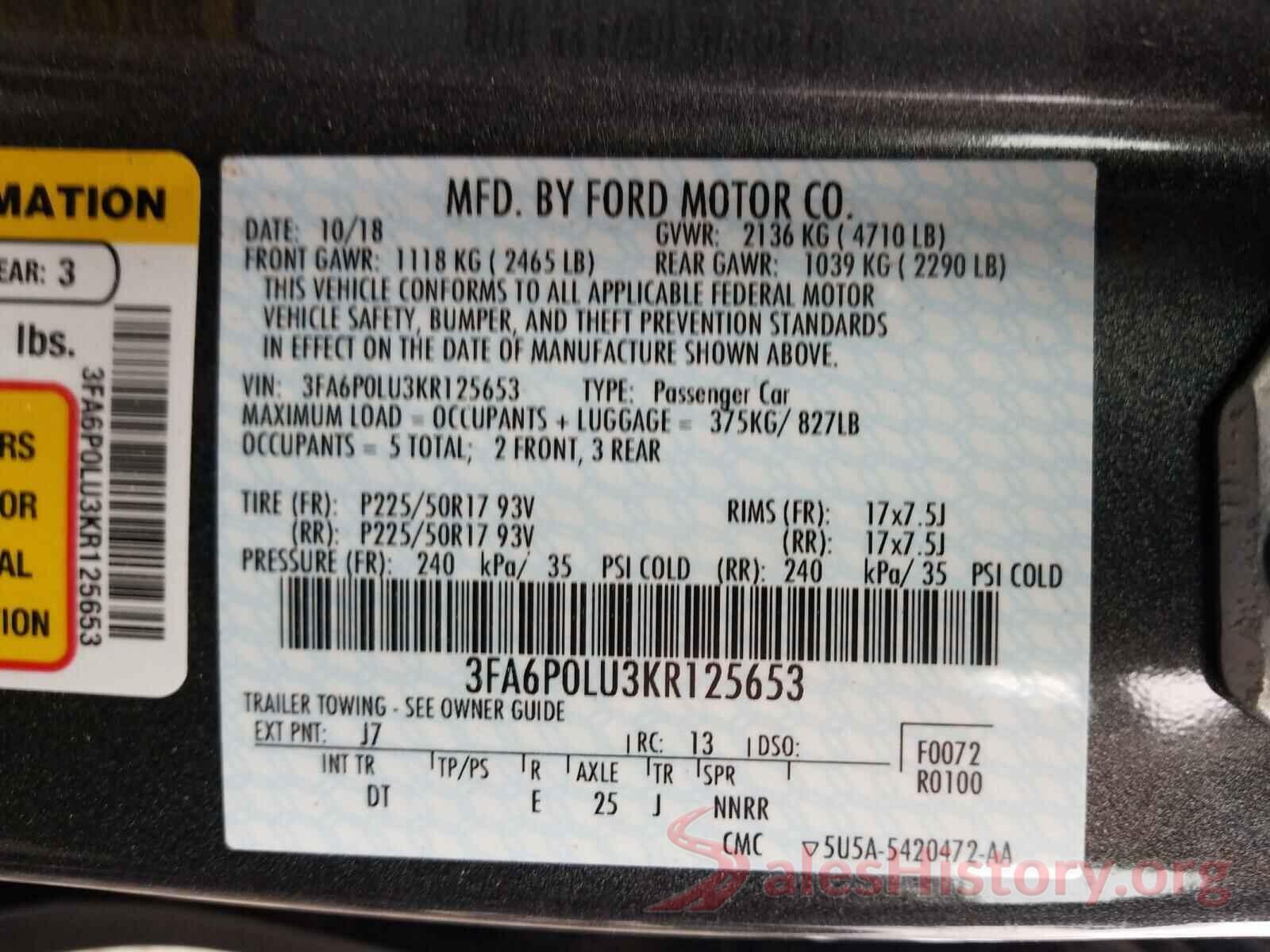 3FA6P0LU3KR125653 2019 FORD FUSION