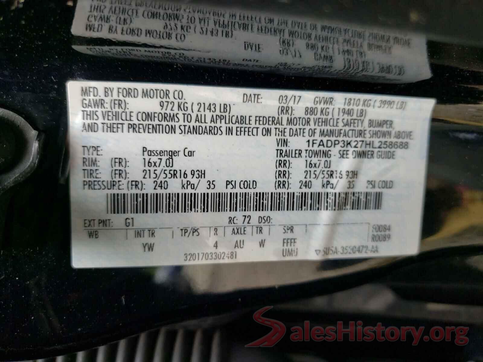 1FADP3K27HL258688 2017 FORD FOCUS