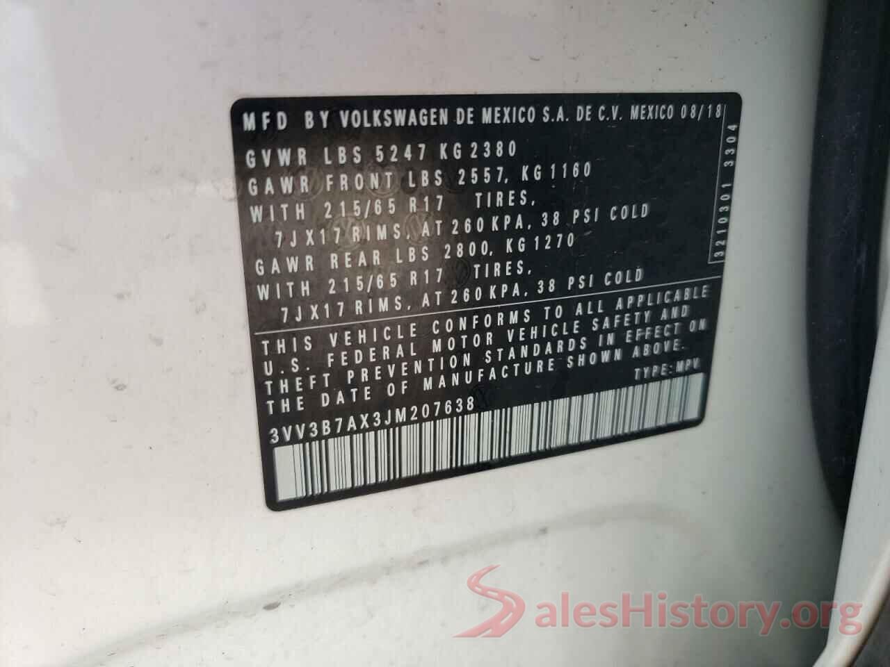 3VV3B7AX3JM207638 2018 VOLKSWAGEN TIGUAN