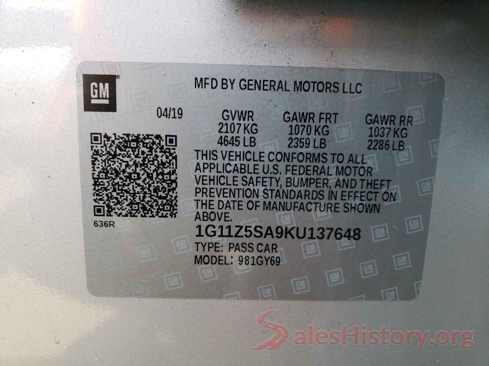 1G11Z5SA9KU137648 2019 CHEVROLET IMPALA