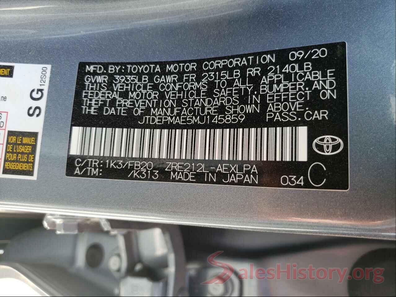 JTDEPMAE5MJ145859 2021 TOYOTA COROLLA