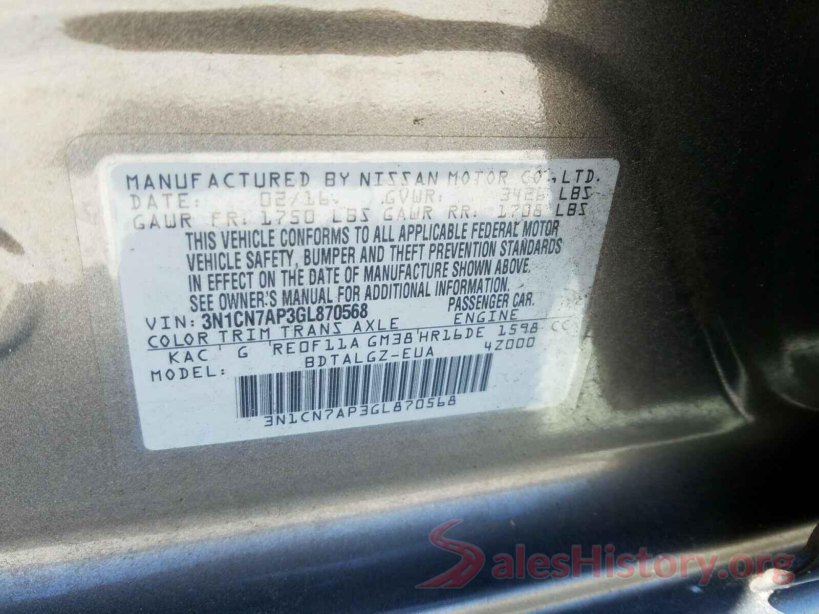 3N1CN7AP3GL870568 2016 NISSAN VERSA