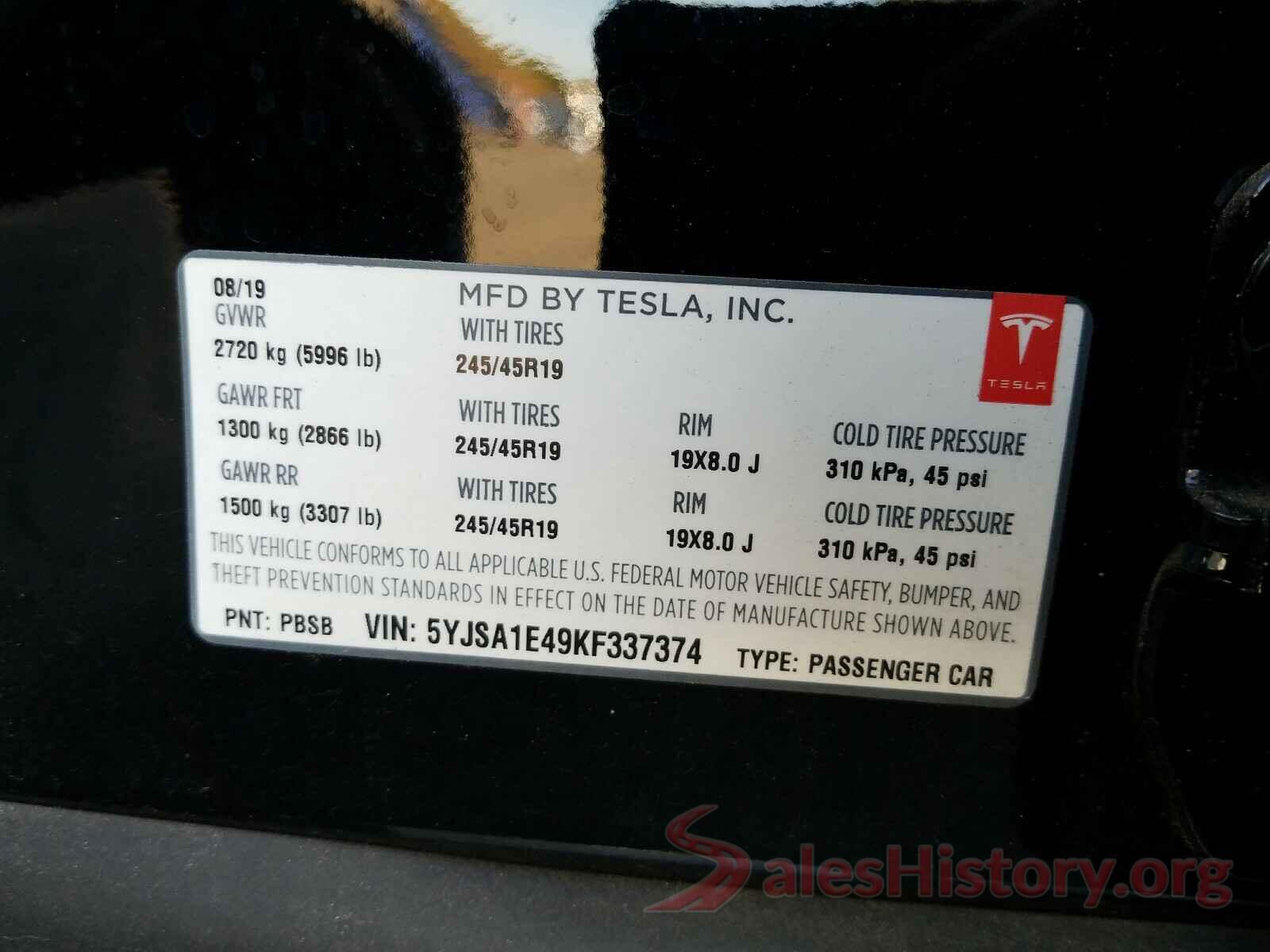 5YJSA1E49KF337374 2019 TESLA MODEL S