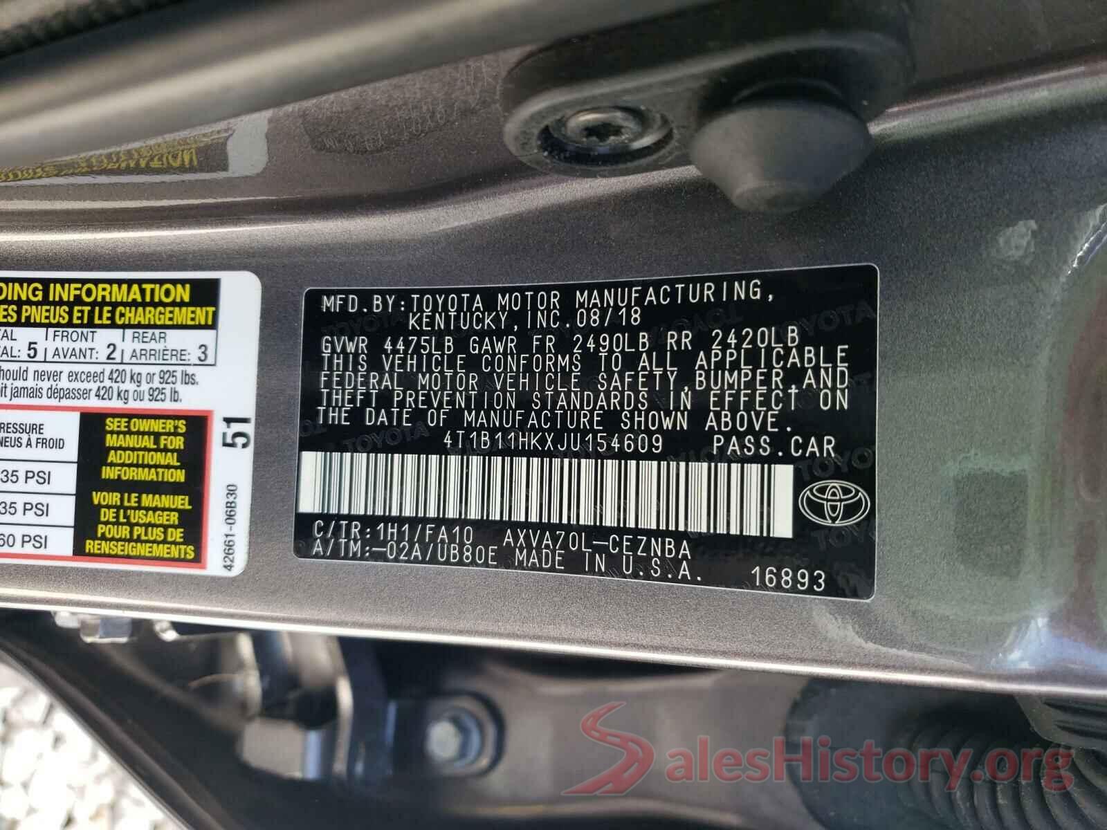 4T1B11HKXJU154609 2018 TOYOTA CAMRY